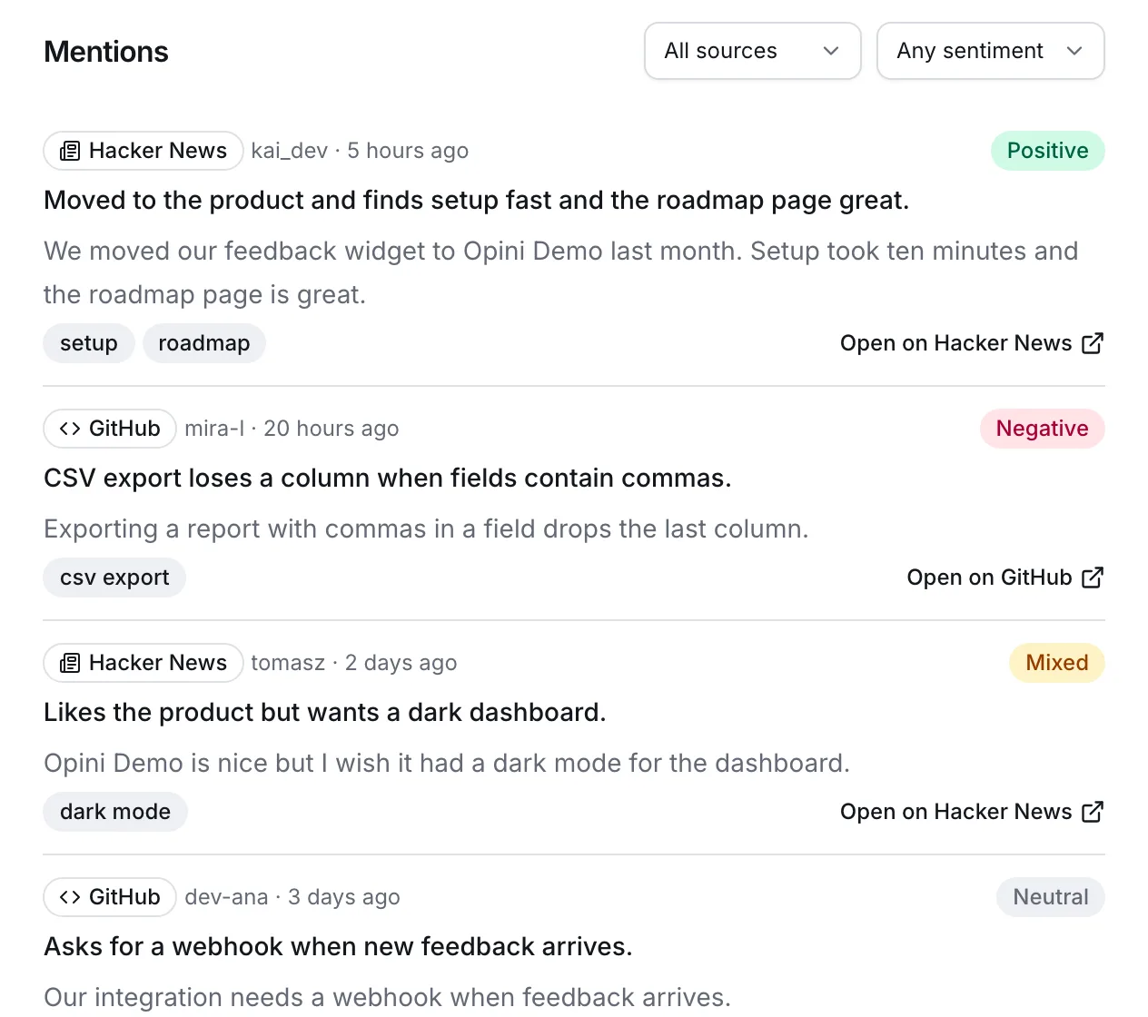 A list of mentions from Hacker News and GitHub, each with a one-line summary, topics like CSV export, and whether it's positive or negative.