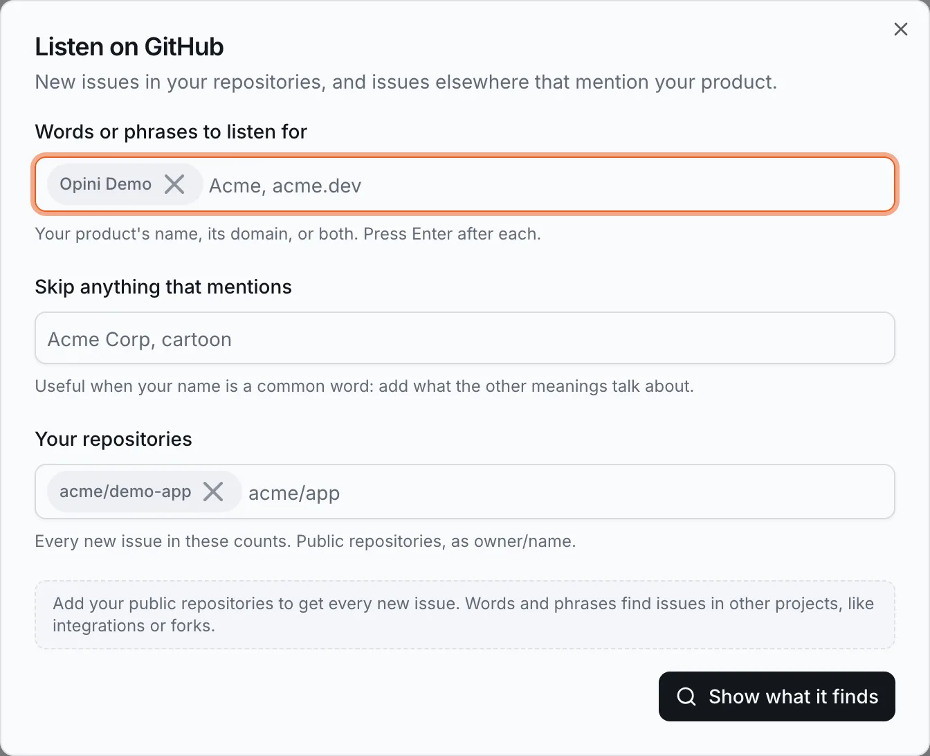 Setting up GitHub as a source: words to listen for, words to skip, and your repositories.
