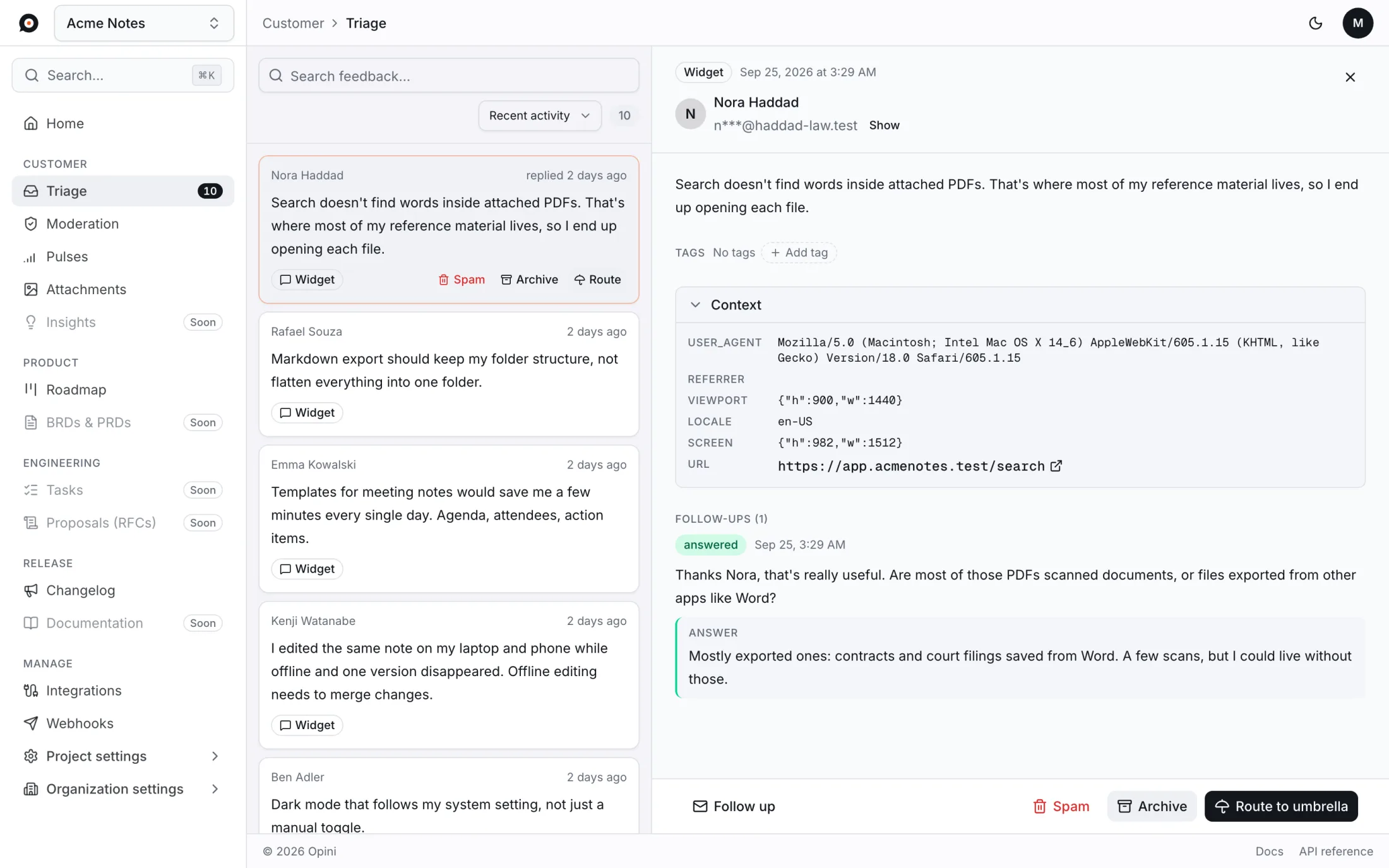 The Opini triage inbox with a feedback message open, showing a follow-up question and the user's answer.