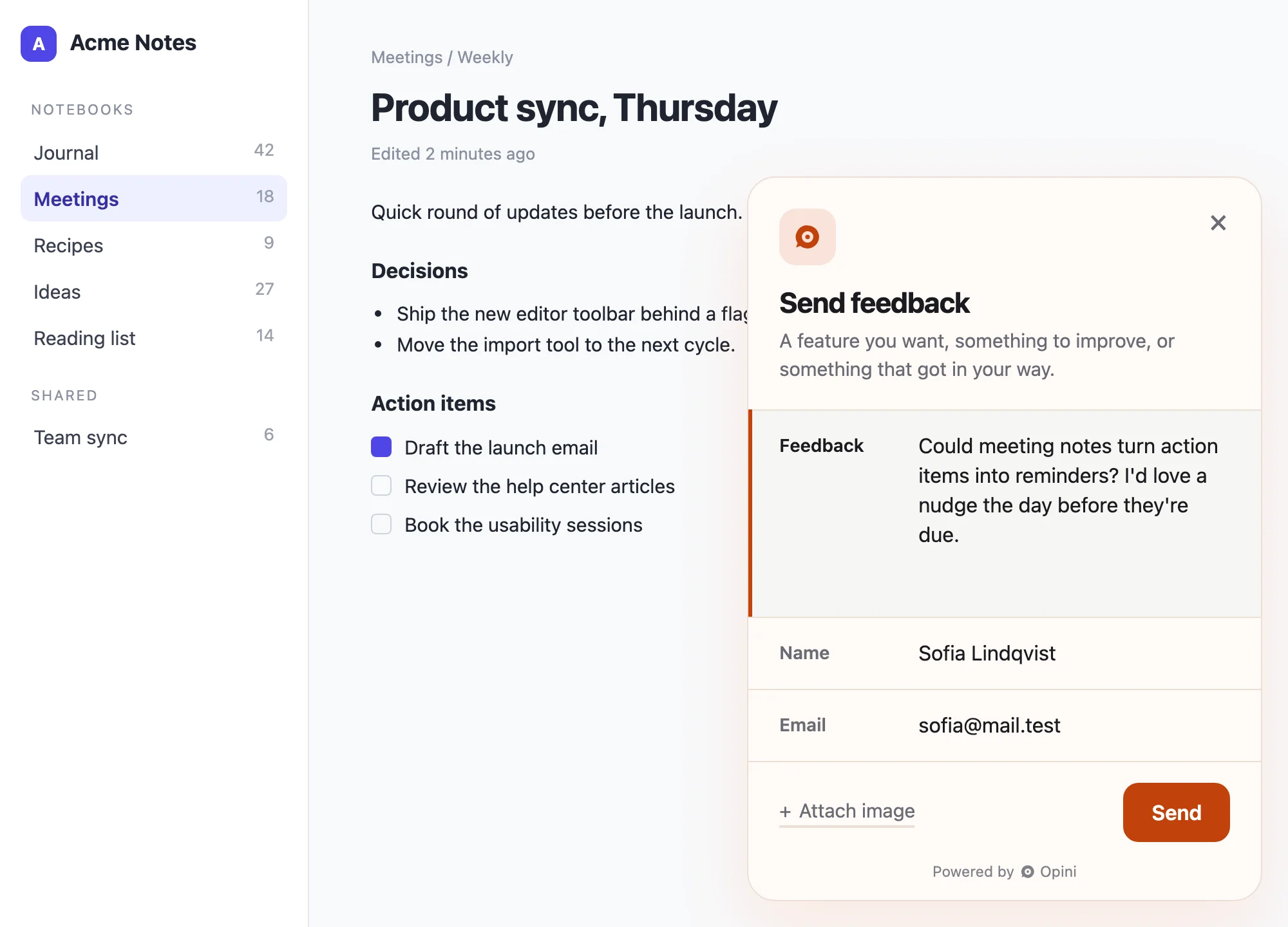 The Opini feedback widget open on a note-taking app, with a message typed in.